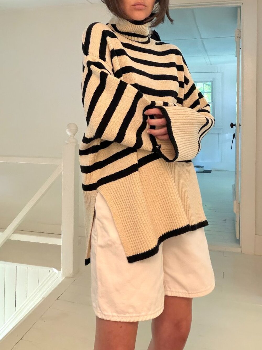 Toteme Signature Stripe Wool Turtleneck Sweater in Light Sand Size M Retail $570